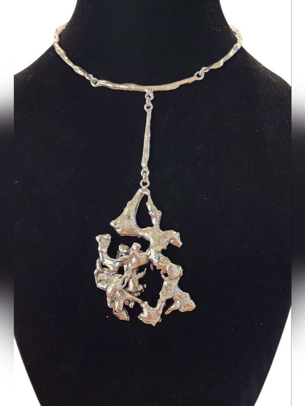 GSM Unique Century Modernist-Brutalist 1960 Silver-Tone Sculptural Drop Necklace